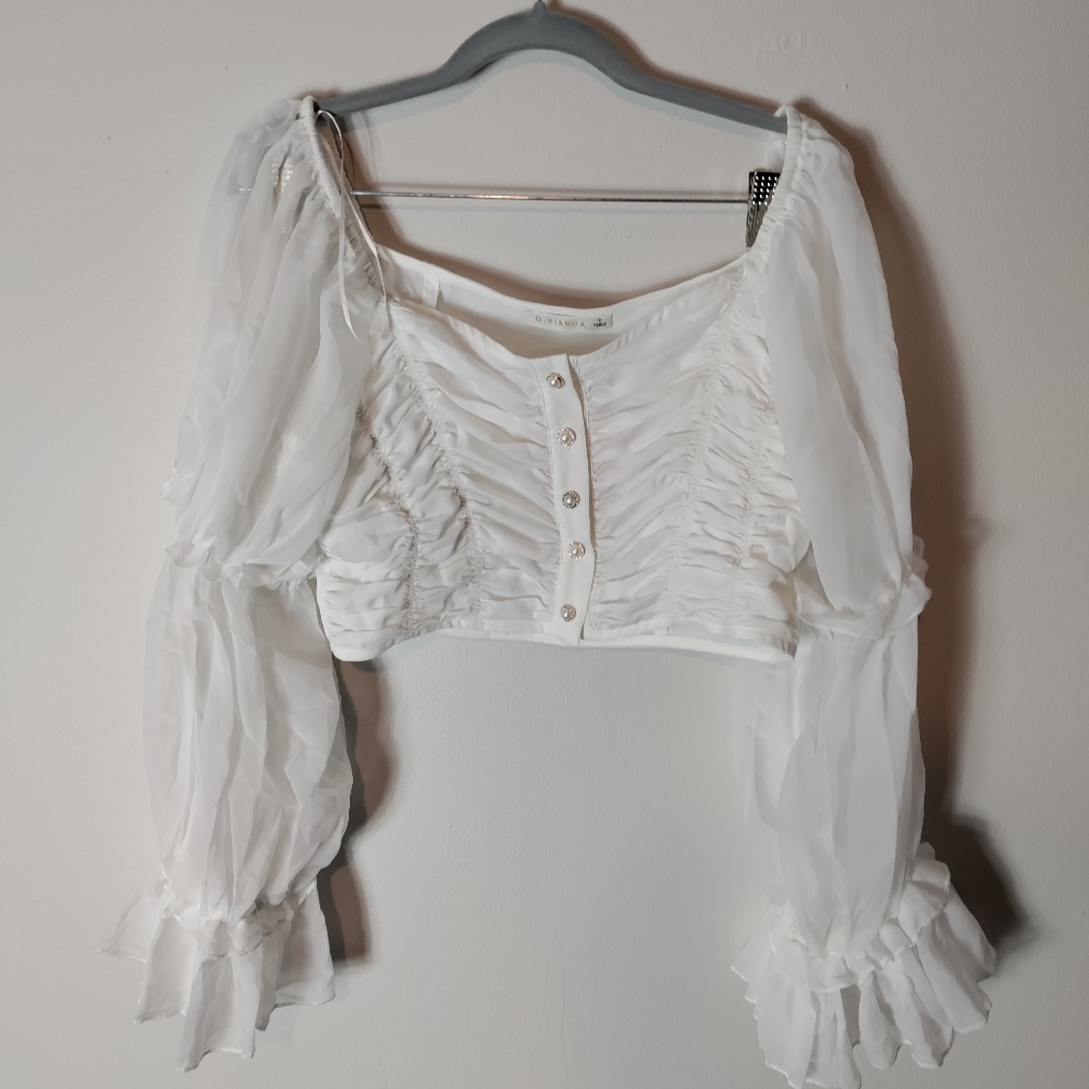 O. Vianca Runched sheffond white cropped top